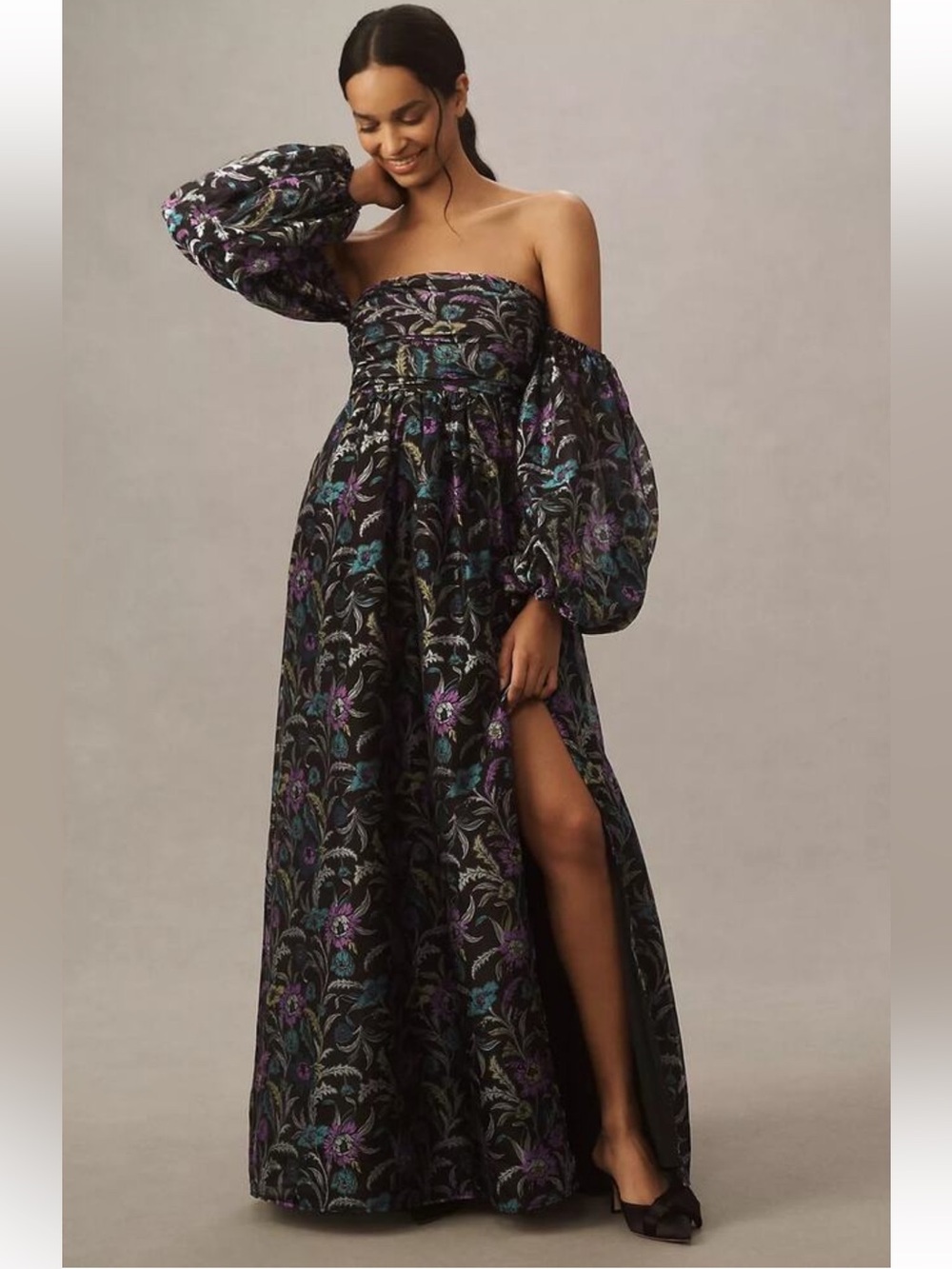 BHLDN Off-Shoulder Black Floral Maxi Dress with Puff Sleeves NWOT Small